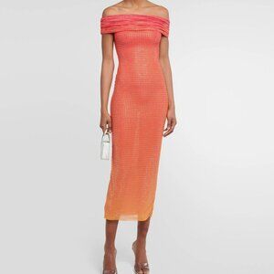 Self-Portrait Red and Orange Off-Shoulder Midi Dress